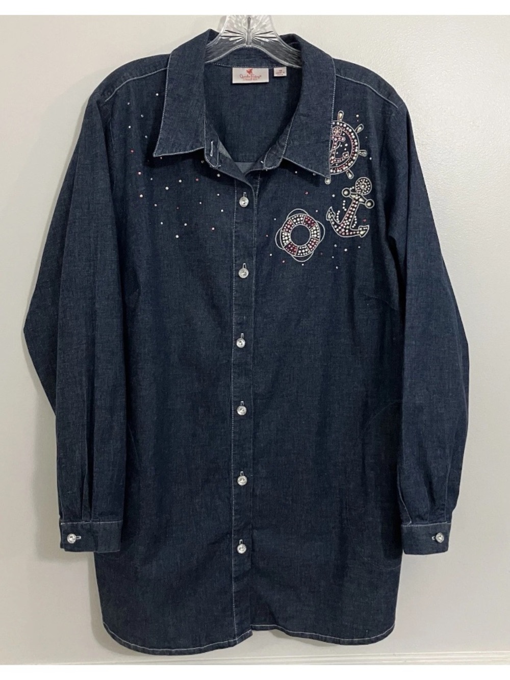 Quacker Factory Dark Navy Denim Button-Down Shirt with Nautical Rhinestones